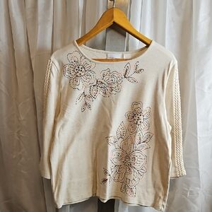 Alfred Dunner Cream Floral Embroidered Long Sleeve Top Sz L